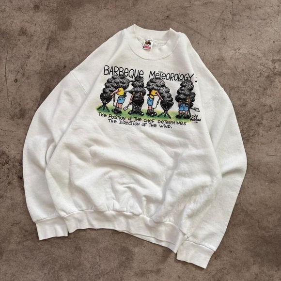 Vintage 90s Fruit of The Loom Crewneck Sweatshirt‎ - "Barbecue Meteorology" XL - Picture 1 of 7